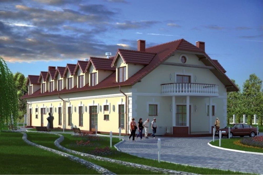 Projekt budynku gastronomicznego z zapleczem noclegowym LK-26, parterowy z poddaszem użytkowym, bez podpiwniczenia, przystosowany dla osób niepełnosprawnych - kolorystyka wersja 1