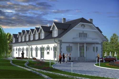 Projekt budynku gastronomicznego z zapleczem noclegowym LK-26, parterowy z poddaszem użytkowym, bez podpiwniczenia, przystosowany dla osób niepełnosprawnych - kolorystyka wersja 2
