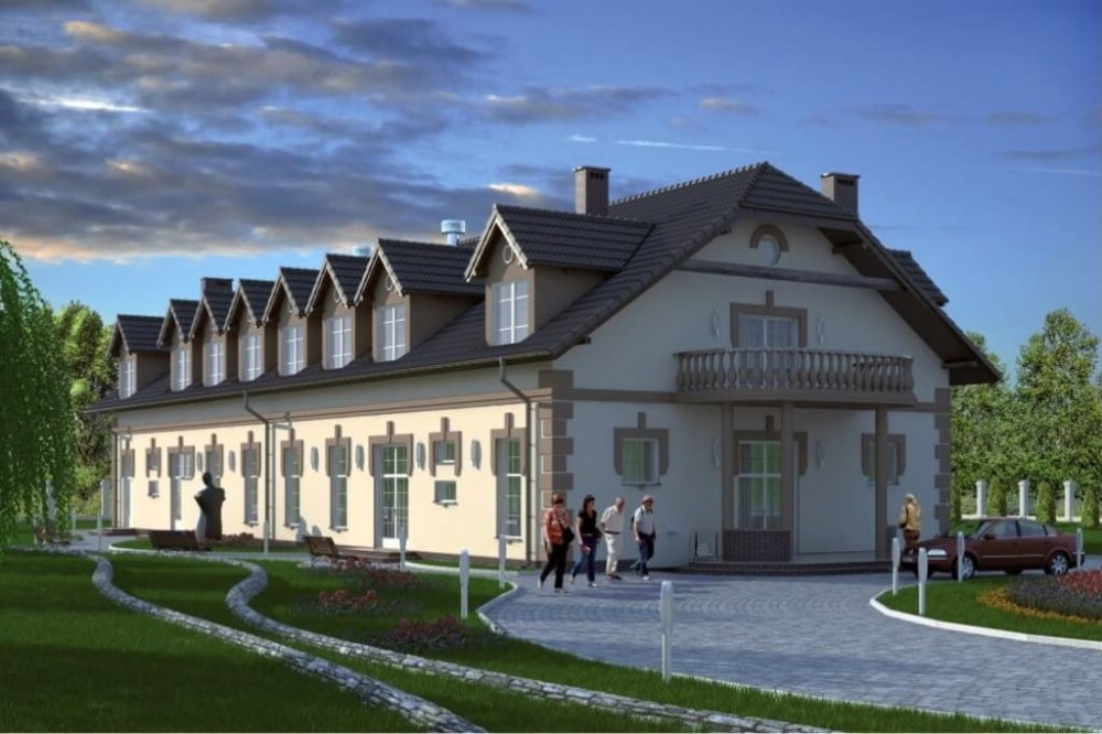 Projekt budynku gastronomicznego z zapleczem noclegowym LK-26, parterowy z poddaszem użytkowym, bez podpiwniczenia, przystosowany dla osób niepełnosprawnych - kolorystyka wersja 3