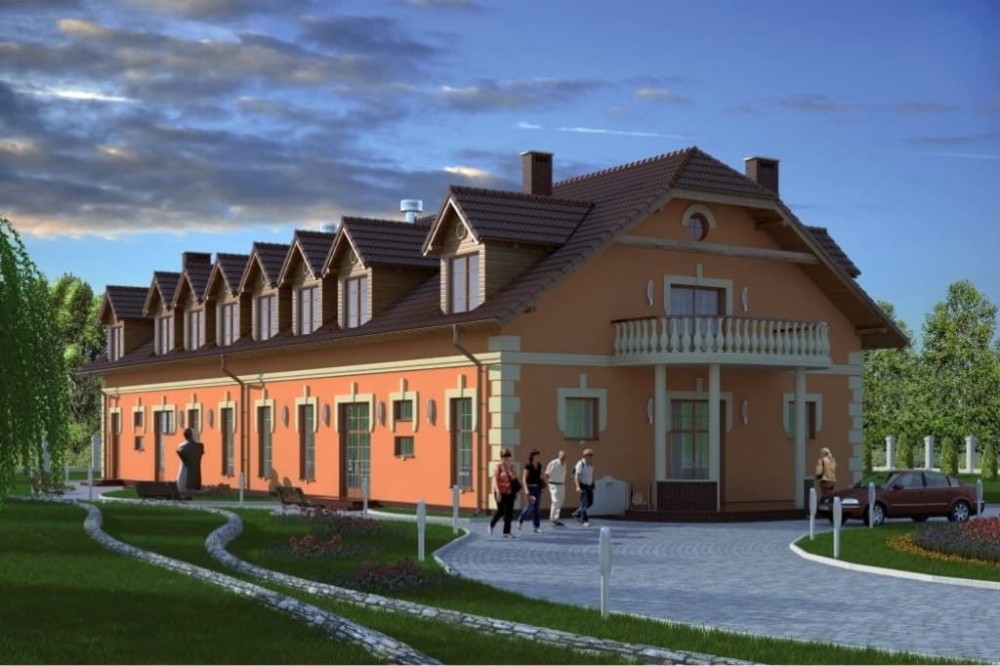 Projekt budynku gastronomicznego z zapleczem noclegowym LK-26, parterowy z poddaszem użytkowym, bez podpiwniczenia, przystosowany dla osób niepełnosprawnych - kolorystyka wersja 4