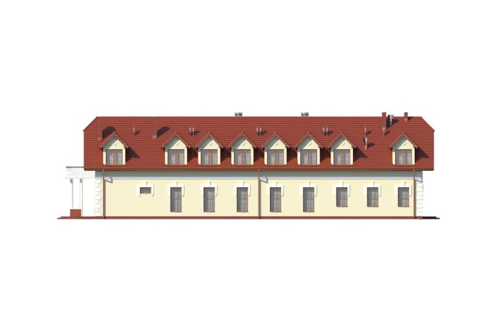 Projekt budynku gastronomicznego z zapleczem noclegowym LK-26, parterowy z poddaszem użytkowym, bez podpiwniczenia, przystosowany dla osób niepełnosprawnych - elewacja prawa
