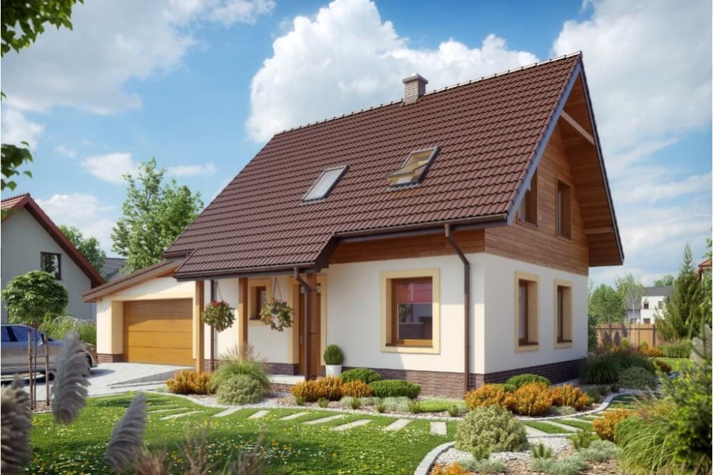 Projekt domu Sterelicja 2 tech. L-6525 tech., parterowy, dwulokalowy z poddaszem mieszkalnym, niepodpiwniczony, z garażem dwustanowiskowym - kolorystyka wersja 4