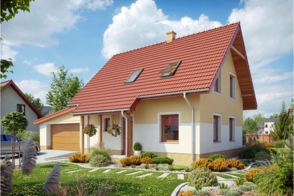 Projekt domu Sterelicja 2 tech. L-6525 tech., parterowy, dwulokalowy z poddaszem mieszkalnym, niepodpiwniczony, z garażem dwustanowiskowym - kolorystyka wersja 2