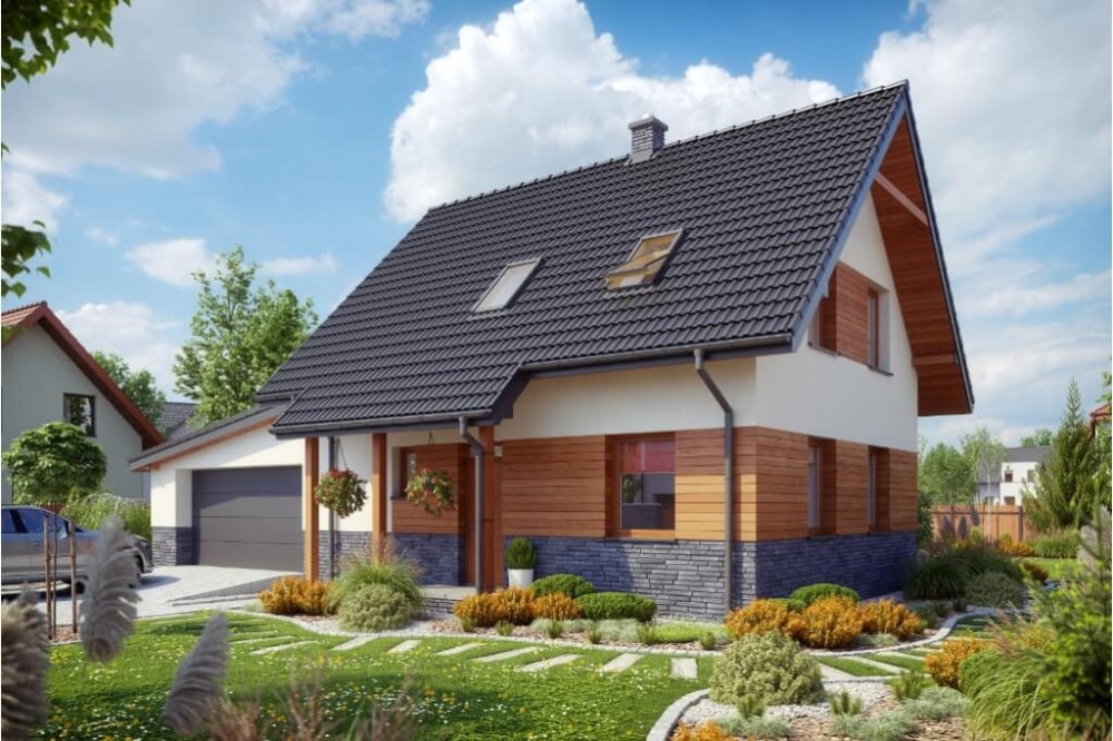 Projekt domu Sterelicja 2 tech. L-6525 tech., parterowy, dwulokalowy z poddaszem mieszkalnym, niepodpiwniczony, z garażem dwustanowiskowym - kolorystyka wersja 3