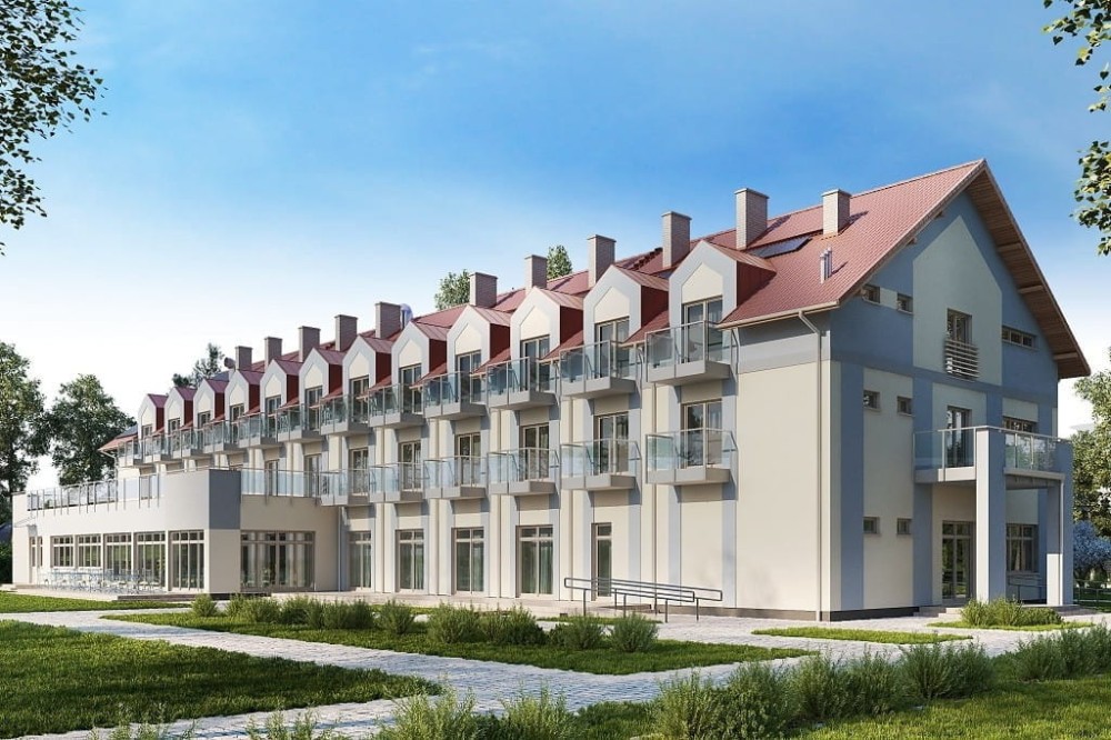 Projekt pensjonatu LK-132, niepodpiwniczony i trzy kondygnację nadziemne-kolorystyka wersja 4