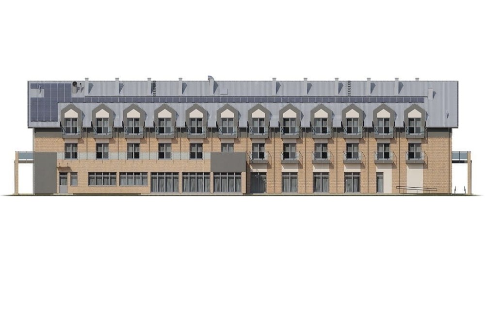 Projekt pensjonatu LK-132, niepodpiwniczony i trzy kondygnację nadziemne - elewacja prawa