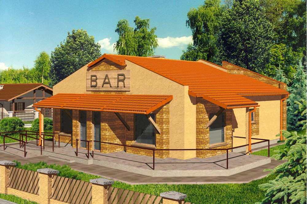 Projekt baru LK-03, budynek parterowy, niepodpiwniczony - kolorystyka wersja 2