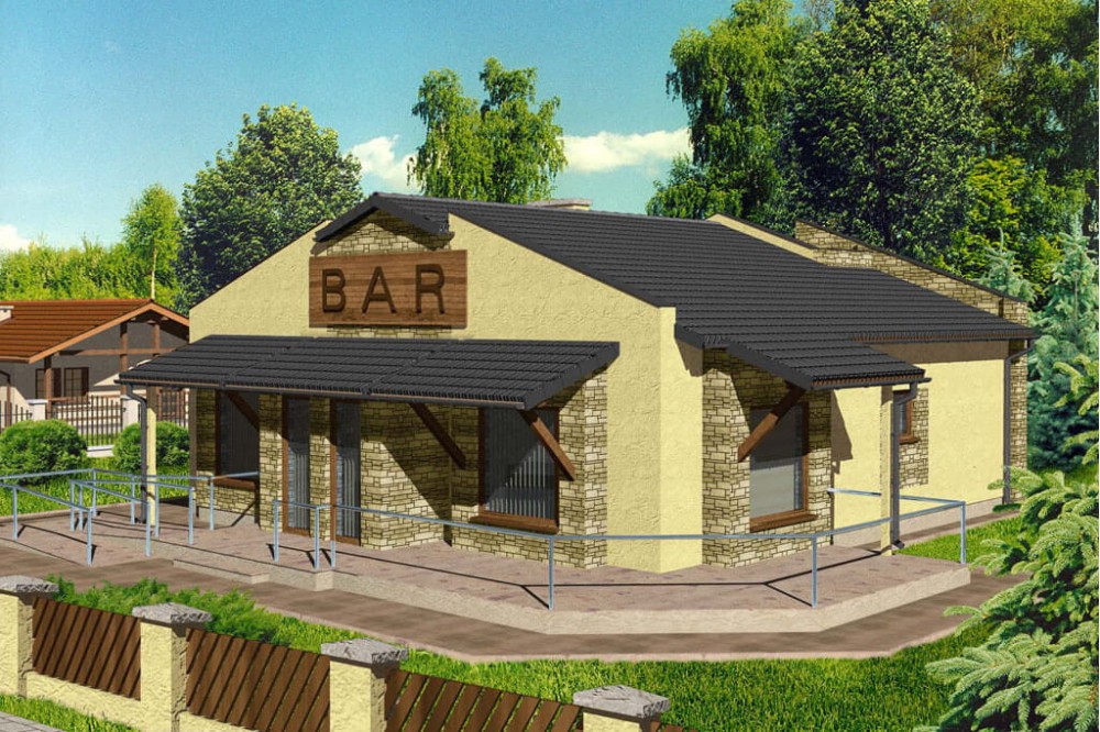 Projekt baru LK-03, budynek parterowy, niepodpiwniczony - kolorystyka wersja 4