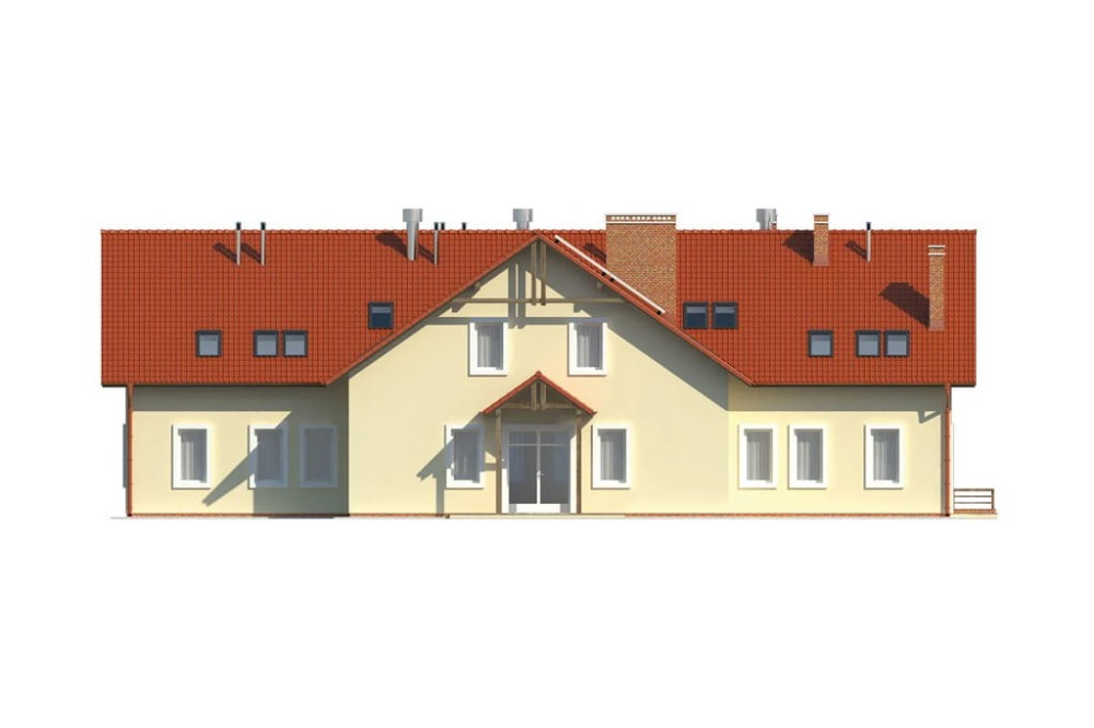 Projekt restauracji, domu weselnego K-18 C,  parterowy z poddaszem użytkowym, częściowo podpiwniczony - elewacja frontowa