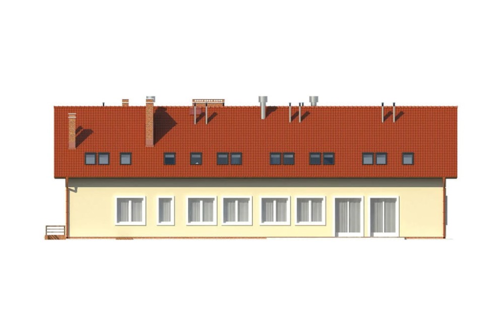 Projekt restauracji, domu weselnego K-18 C,  parterowy z poddaszem użytkowym, częściowo podpiwniczony - elewacja ogrodowa