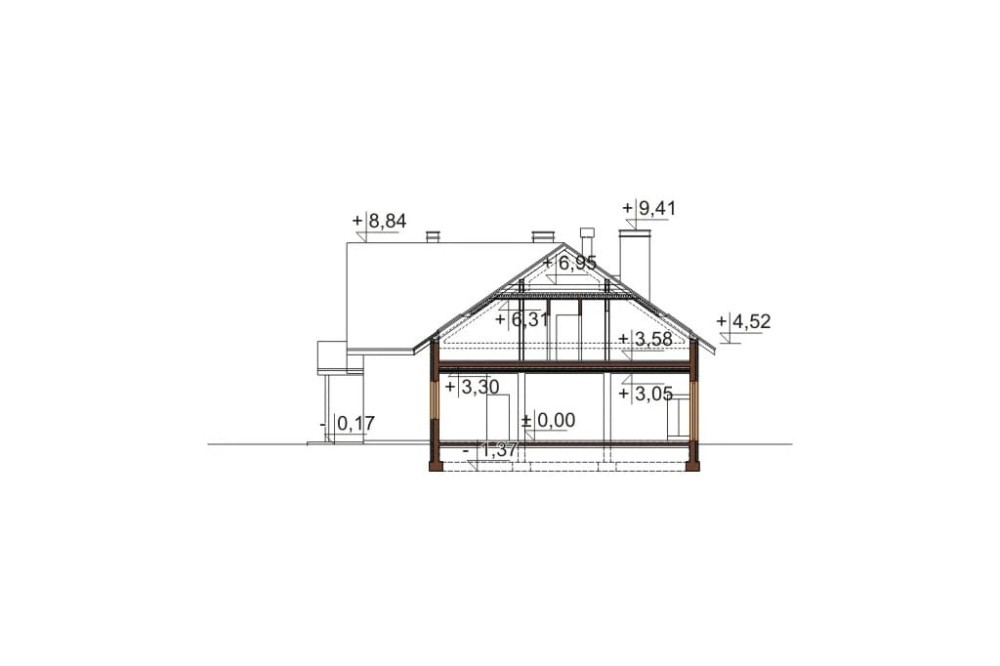 Projekt restauracji, domu weselnego LK-18 C,  parterowy z poddaszem użytkowym, częściowo podpiwniczony - przekrój B-B