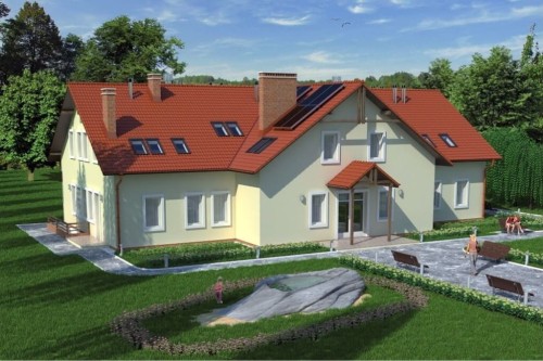 Projekt restauracji, domu weselnego LK-18 C,  parterowy z poddaszem użytkowym, częściowo podpiwniczony - kolorystyka wersja 1