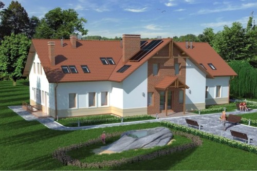 Projekt restauracji, domu weselnego LK-18 C,  parterowy z poddaszem użytkowym, częściowo podpiwniczony - kolorystyka wersja 2