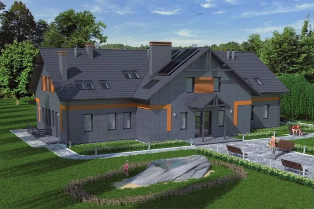 Projekt restauracji, domu weselnego LK-18 C,  parterowy z poddaszem użytkowym, częściowo podpiwniczony - kolorystyka wersja 4