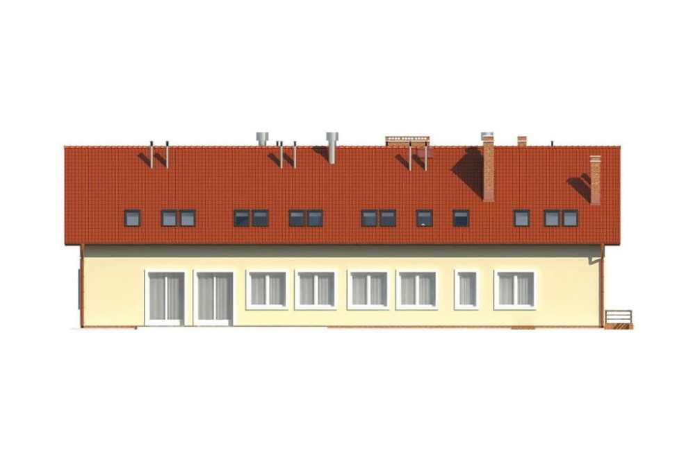 Projekt restauracji, domu weselnego LK-18 C,  parterowy z poddaszem użytkowym, częściowo podpiwniczony - elewacja ogrodowa