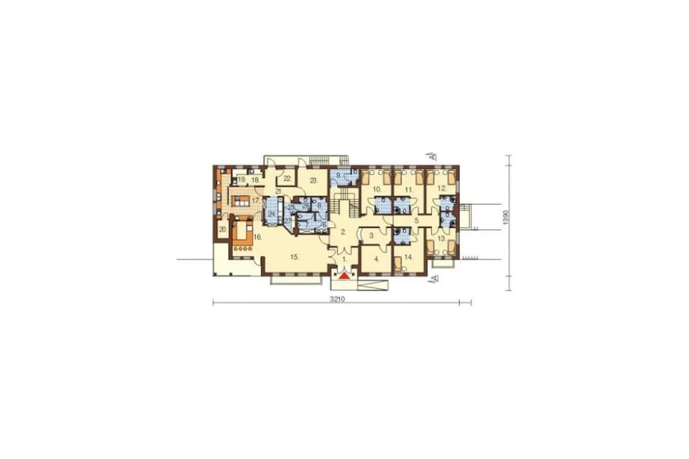 Projekt pensjonatu K-20 C, piętrowy z poddaszem nieużytkowym (do adaptacji), podpiwniczony - rzut parteru