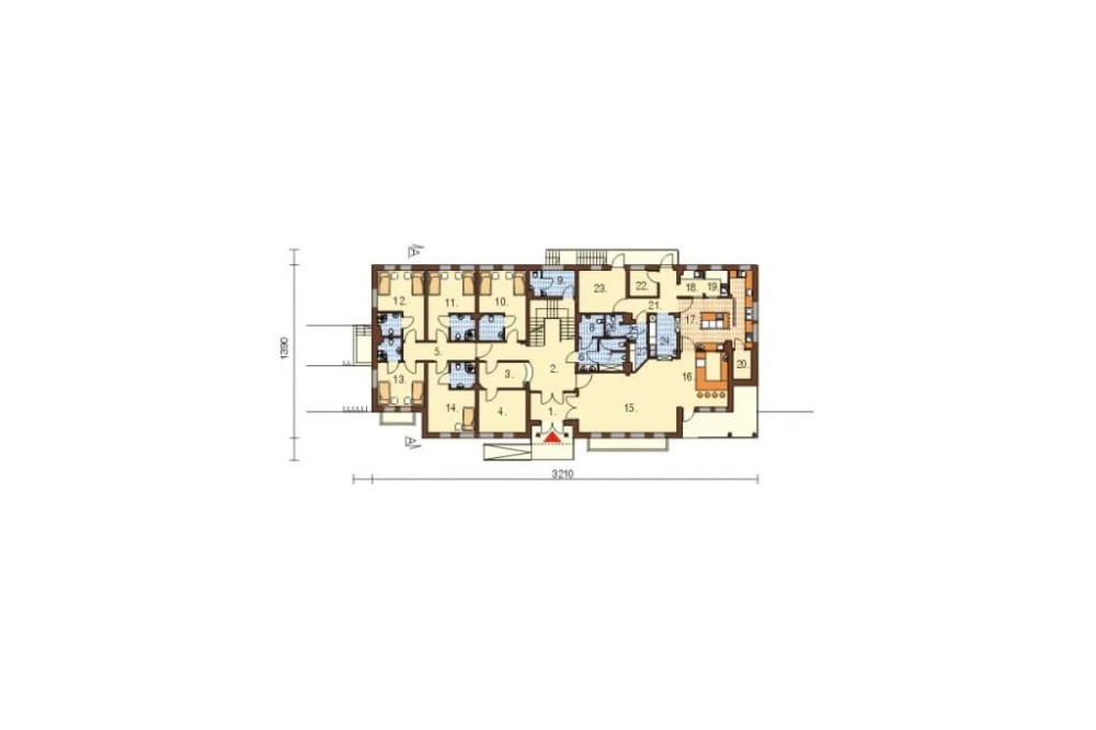 Projekt pensjonatu LK-20 C, piętrowy z poddaszem nieużytkowym (do adaptacji), podpiwniczony - rzut parteru