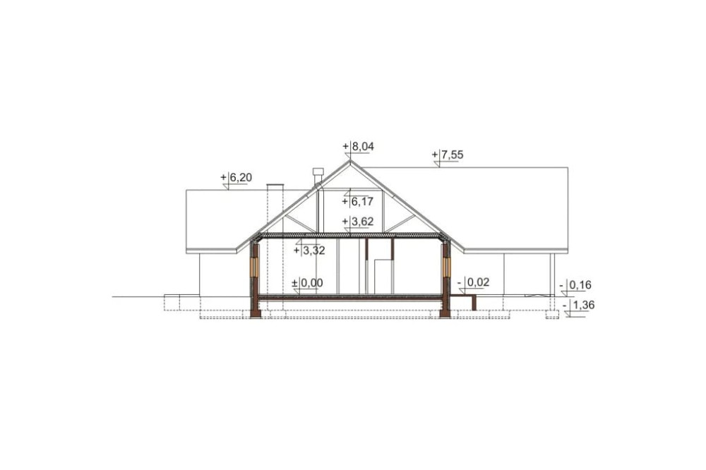 Projekt restauracji K-01 C, budynek parterowy, niepodpiwniczony - przekrój A-A