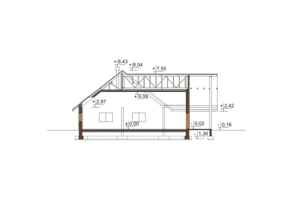 Projekt restauracji K-01 C, budynek parterowy, niepodpiwniczony - przekrój B-B