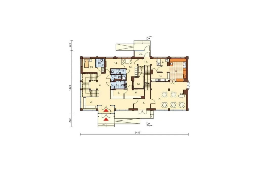 Projekt motelu LK-11, piętrowy z częściowo adaptowanym strychem, częściowo podpiwniczony - rzut parteru
