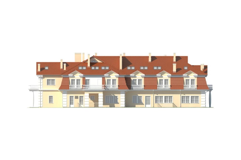 Projekt hotelu, pensjonatu  K-12 B, piętrowy z poddaszem użytkowym, podpiwniczony - elewacja prawa