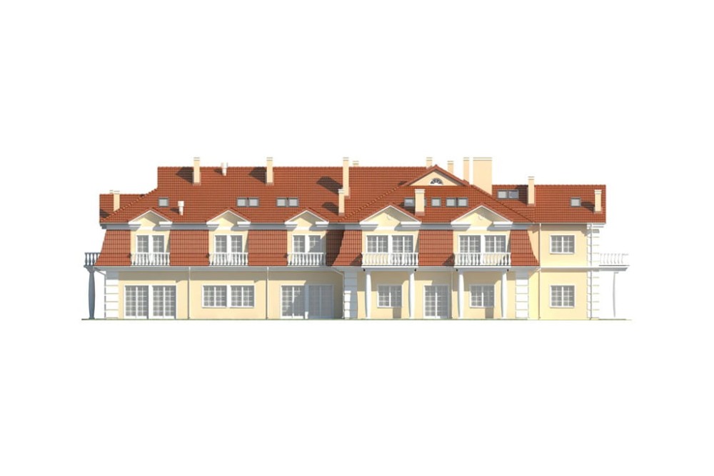 Projekt hotelu, pensjonatu  K-12 B, piętrowy z poddaszem użytkowym, podpiwniczony - elewacja lewa