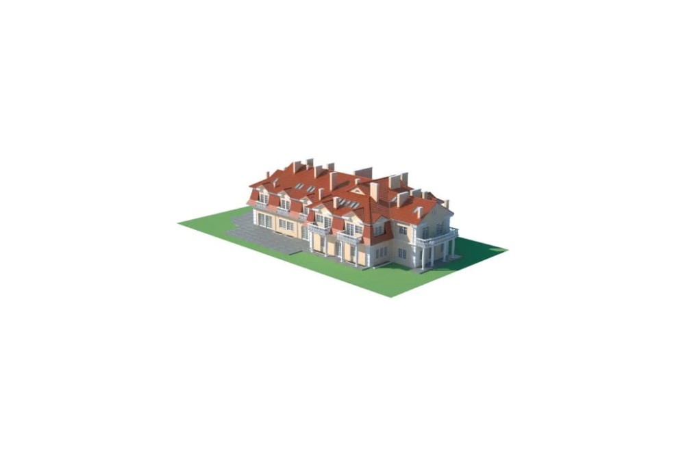 Projekt hotelu, pensjonatu  K-12 B, piętrowy z poddaszem użytkowym, podpiwniczony - model