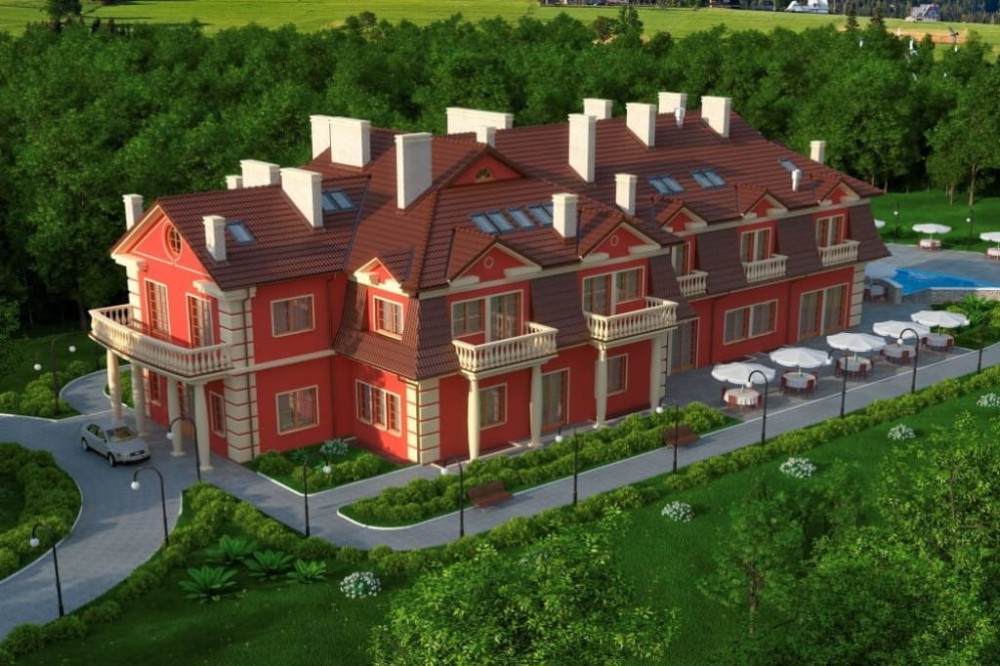 Projekt hotelu, pensjonatu  LK-12 B, piętrowy z poddaszem użytkowym, podpiwniczony-kolorystyka wersja 2