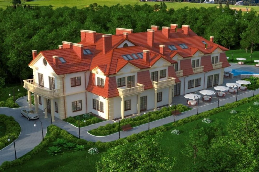 Projekt hotelu, pensjonatu  LK-12 B, piętrowy z poddaszem użytkowym, podpiwniczony-kolorystyka wersja 4
