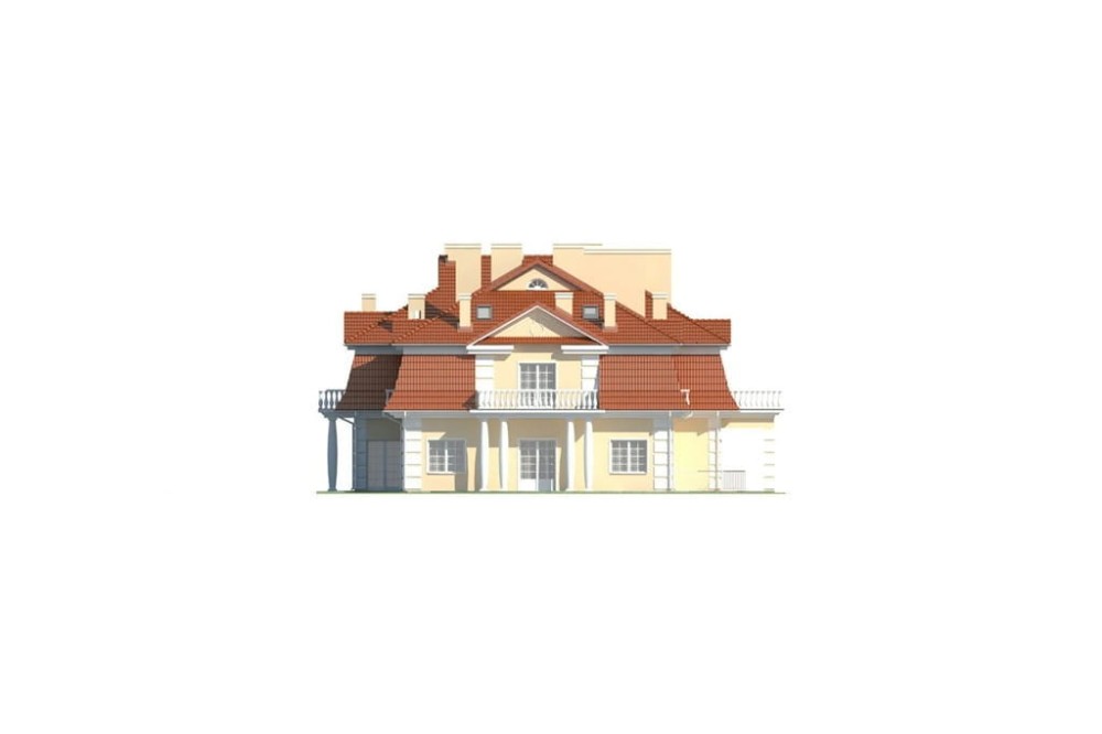 Projekt hotelu, pensjonatu  LK-12 B, piętrowy z poddaszem użytkowym, podpiwniczony - elewacja ogrodowa