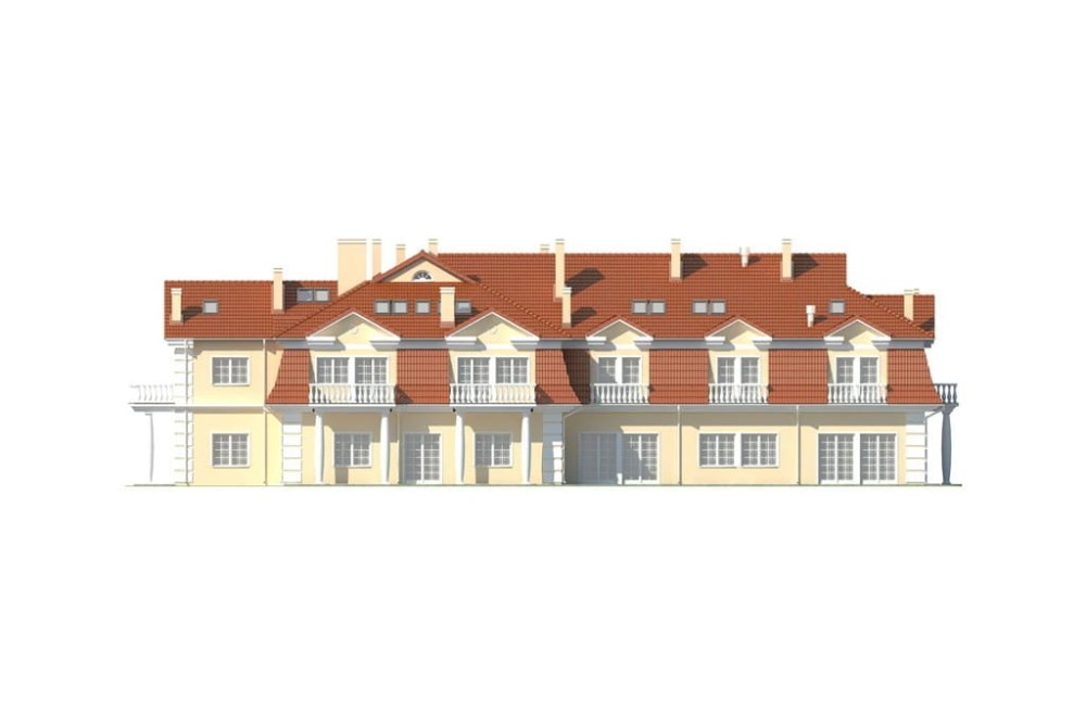 Projekt hotelu, pensjonatu  LK-12 B, piętrowy z poddaszem użytkowym, podpiwniczony - elewacja prawa