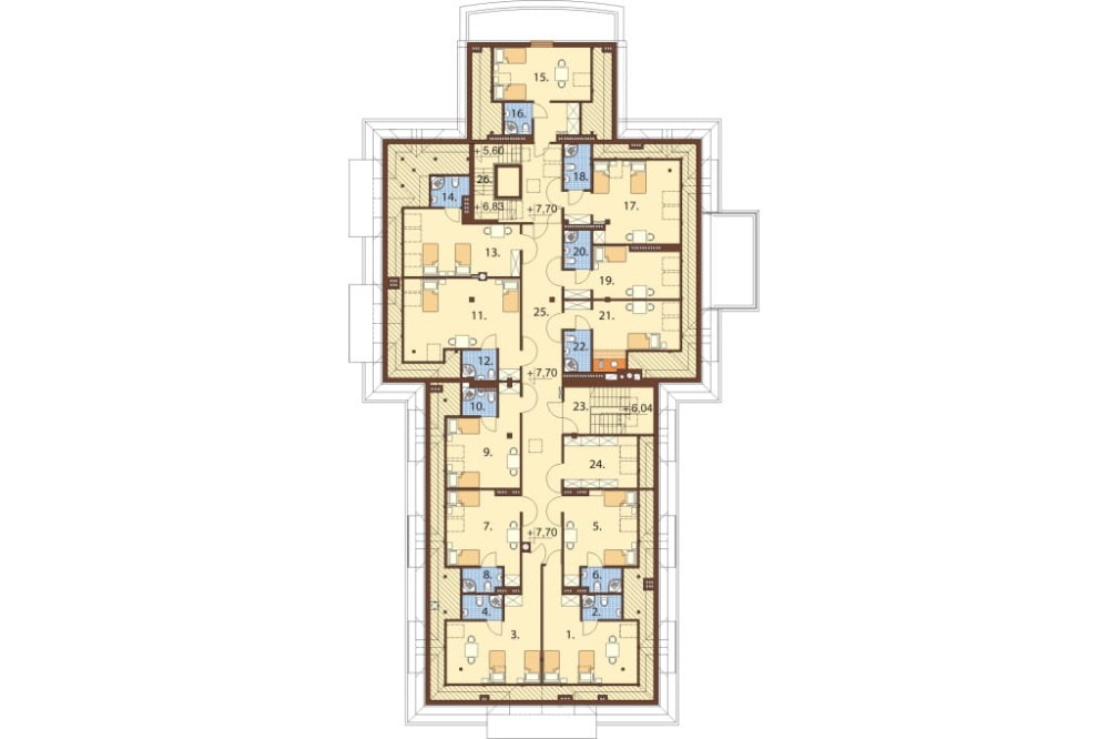 Projekt hotelu, pensjonatu  LK-12 B, piętrowy z poddaszem użytkowym, podpiwniczony - rzut poddasza