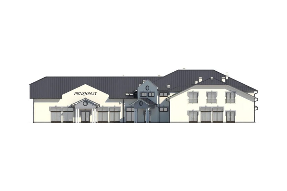 Projekt hotelu, pensjonatu, domu weselnego K-40,  parterowy z poddaszem użytkowym, bez podpiwniczenia - elewacja prawa