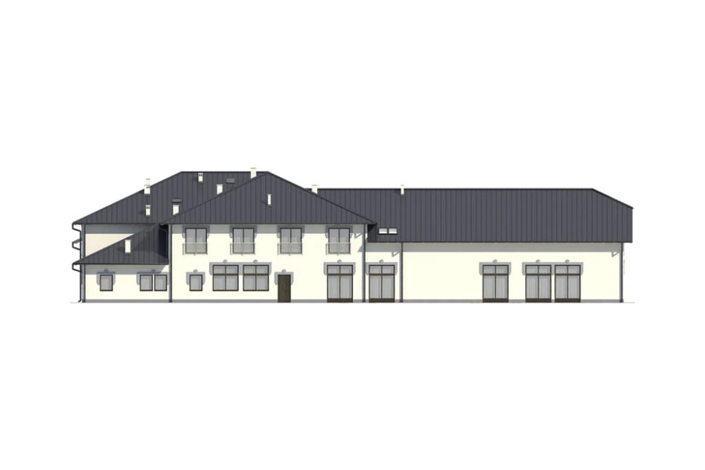 Projekt hotelu, pensjonatu, domu weselnego K-40,  parterowy z poddaszem użytkowym, bez podpiwniczenia - elewacja lewa