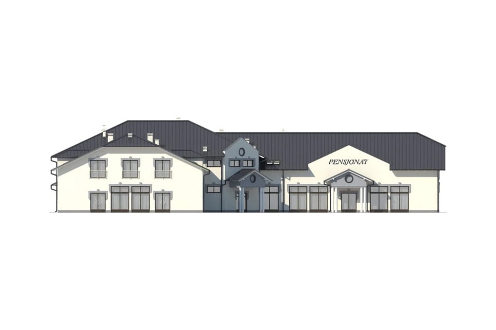 Projekt hotelu, pensjonatu, domu weselnego LK-40,  parterowy z poddaszem użytkowym, bez podpiwniczenia - elewacja lewa