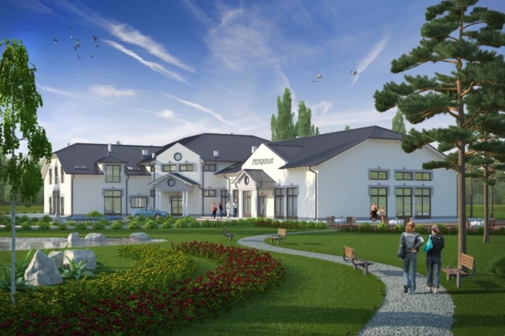 Projekt hotelu, pensjonatu, domu weselnego LK-40,  parterowy z poddaszem użytkowym, bez podpiwniczenia - kolorystyka wersja 1