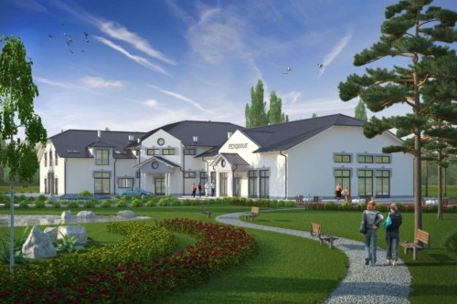 Projekt hotelu, pensjonatu, domu weselnego LK-40,  parterowy z poddaszem użytkowym, bez podpiwniczenia - kolorystyka wersja 1