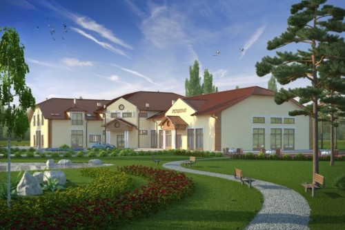 Projekt hotelu, pensjonatu, domu weselnego LK-40,  parterowy z poddaszem użytkowym, bez podpiwniczenia - kolorystyka wersja 2