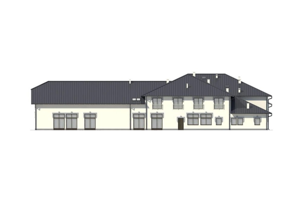 Projekt hotelu, pensjonatu, domu weselnego LK-40,  parterowy z poddaszem użytkowym, bez podpiwniczenia - elewacja prawa