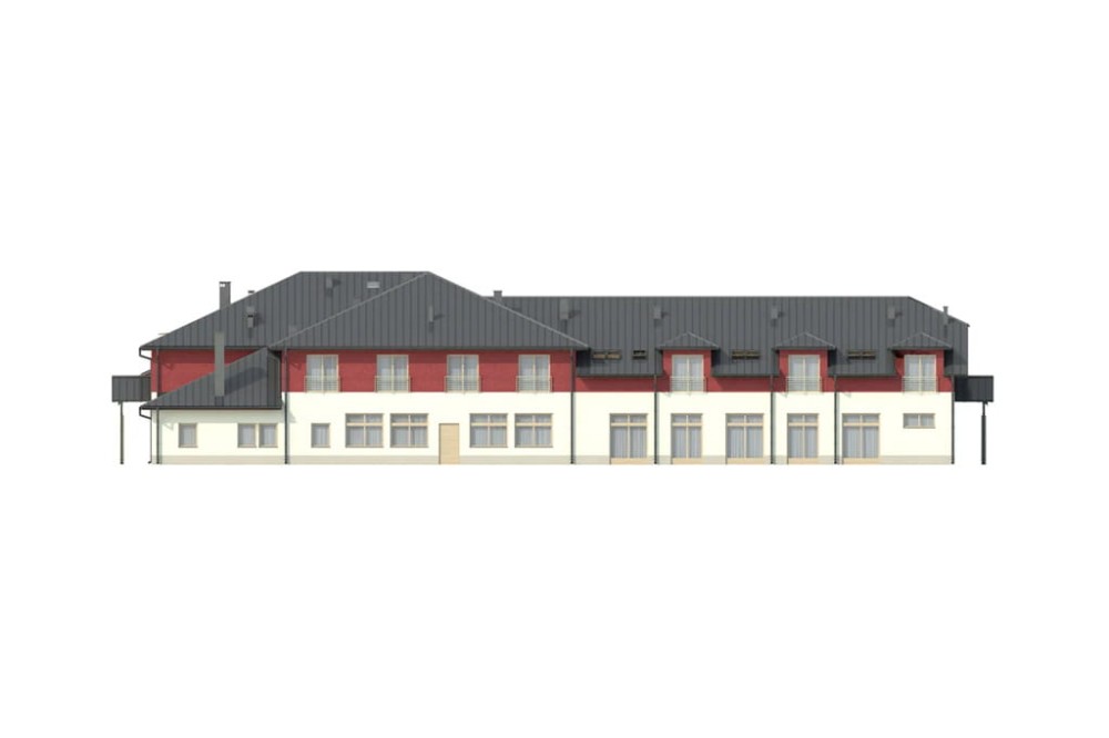 Projekt budynku usługowo-gastronomicznego z zapleczem noclegowym K-40 A,  parterowy z poddaszem użytkowym, bez podpiwniczenia - elewacja lewa