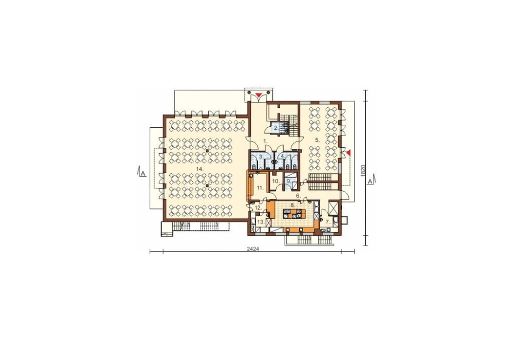 Projekt restauracji, domu weselnego K-47, parterowy z poddaszem użytkowym, częściowo podpiwniczony - rzut parteru