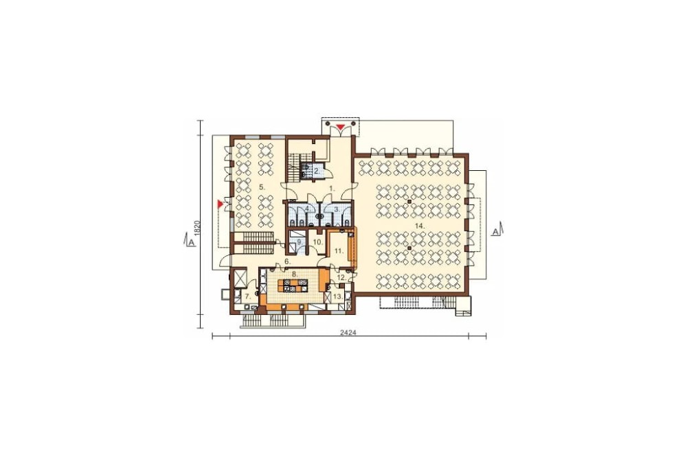 Projekt restauracji, domu weselnego LK-47, parterowy z poddaszem użytkowym, częściowo podpiwniczony - rzut parteru