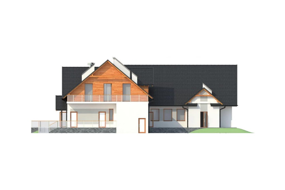 Projekt restauracji, domu weselnego K-52, parterowy z częściowym poddaszem użytkowym, niepodpiwniczony - elewacja ogrodowa