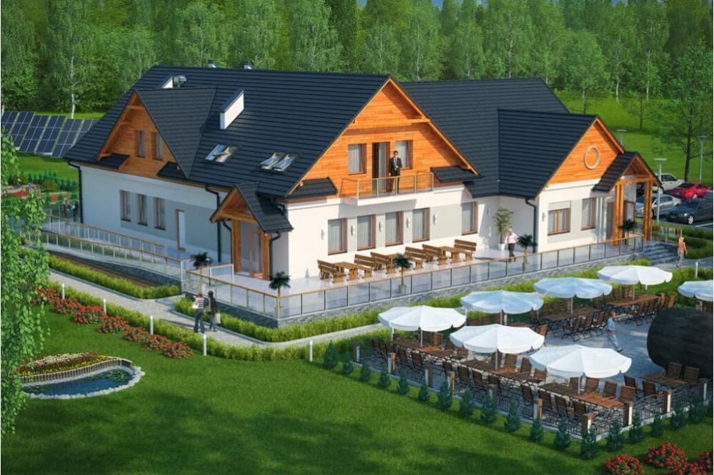 Projekt restauracji, domu weselnego LK-52, parterowy z częściowym poddaszem użytkowym, niepodpiwniczony - kolorystyka wersja 1