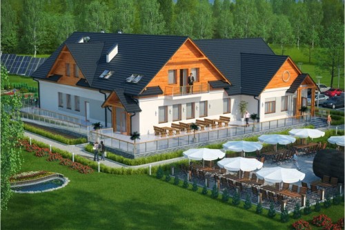 Projekt restauracji, domu weselnego LK-52, parterowy z częściowym poddaszem użytkowym, niepodpiwniczony - kolorystyka wersja 1