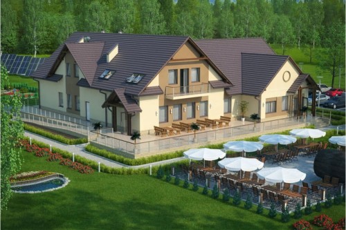 Projekt restauracji, domu weselnego LK-52, parterowy z częściowym poddaszem użytkowym, niepodpiwniczony - kolorystyka wersja 2