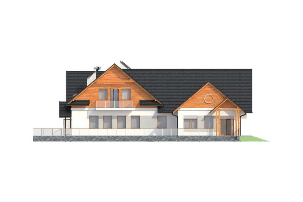 Projekt restauracji, domu weselnego LK-52, parterowy z częściowym poddaszem użytkowym, niepodpiwniczony - elewacja frontowa