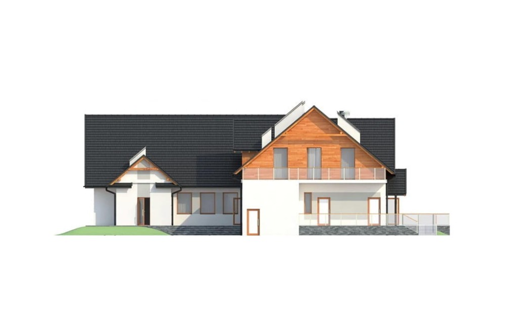 Projekt restauracji, domu weselnego LK-52, parterowy z częściowym poddaszem użytkowym, niepodpiwniczony - elewacja ogrodowa
