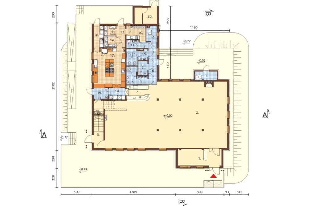 Projekt restauracji, domu weselnego LK-52, parterowy z częściowym poddaszem użytkowym, niepodpiwniczony - rzut parteru