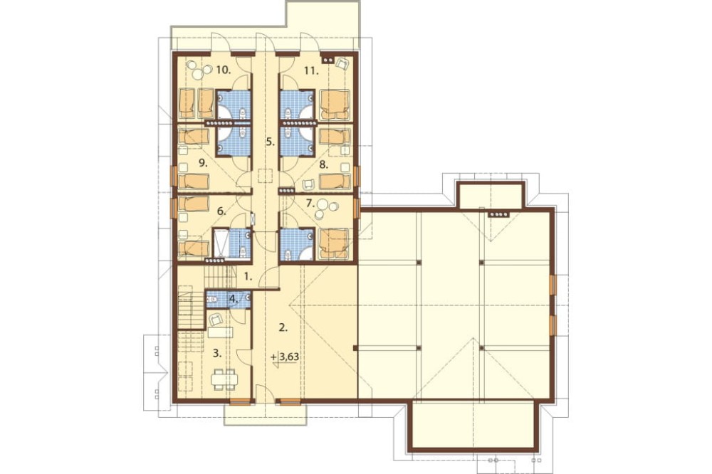 Projekt restauracji, domu weselnego LK-52, parterowy z częściowym poddaszem użytkowym, niepodpiwniczony - rzut poddasza